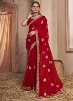 Chiffon Red Wedding Wear Embroidery Work Saree